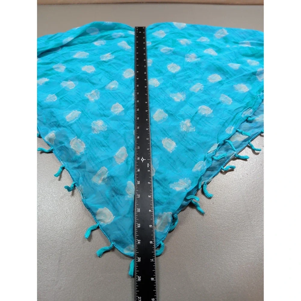 Turquoise Blue Polka Dot Triangular Scarf with Tassel Trim Boho Lightweight